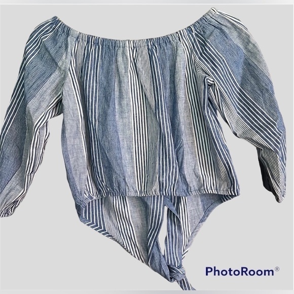 AMERICAN EAGLE OUTFITTERS Denim Striped Cropped Tie-Front L/S Blouse, Sz XS, NWT - Picture 7 of 7